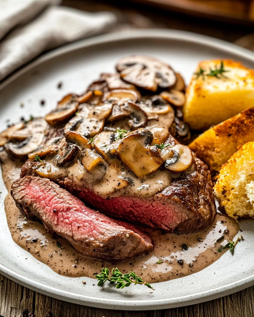 Pink Roasted Steak with Mushroom Sauce 