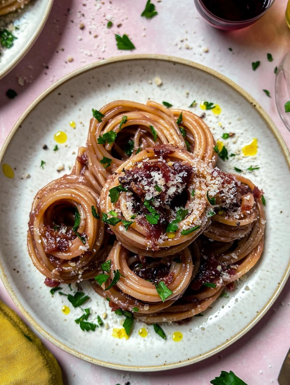 Red Wine Bucatini with Pancetta