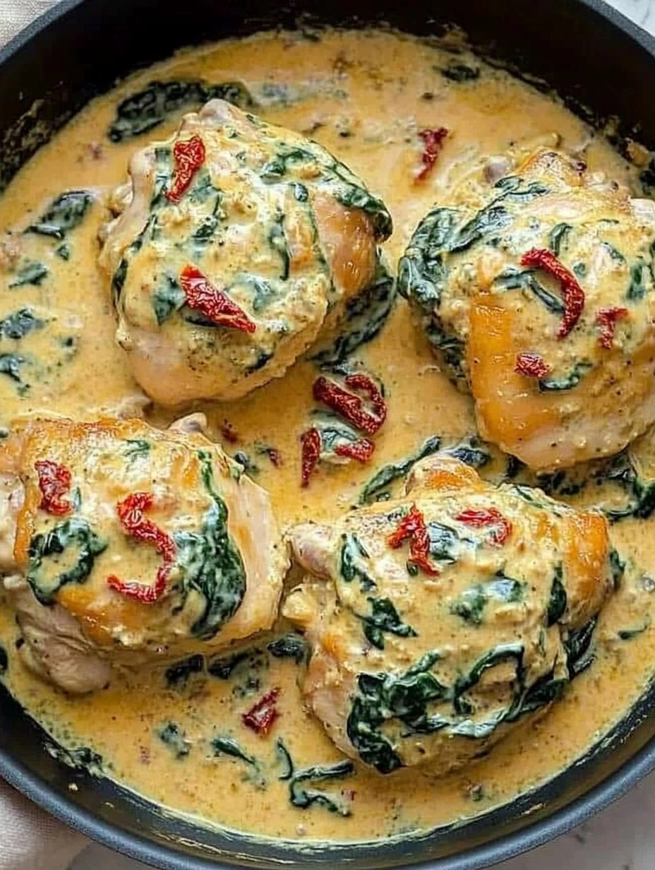 One-Pan Creamy Tuscan Chicken Thighs with Spinach & Sun-Dried Tomatoes
