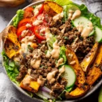 Burger-Bowls-with-Chipotle-Ranch-Sweet-Potato-Fries-Recipe