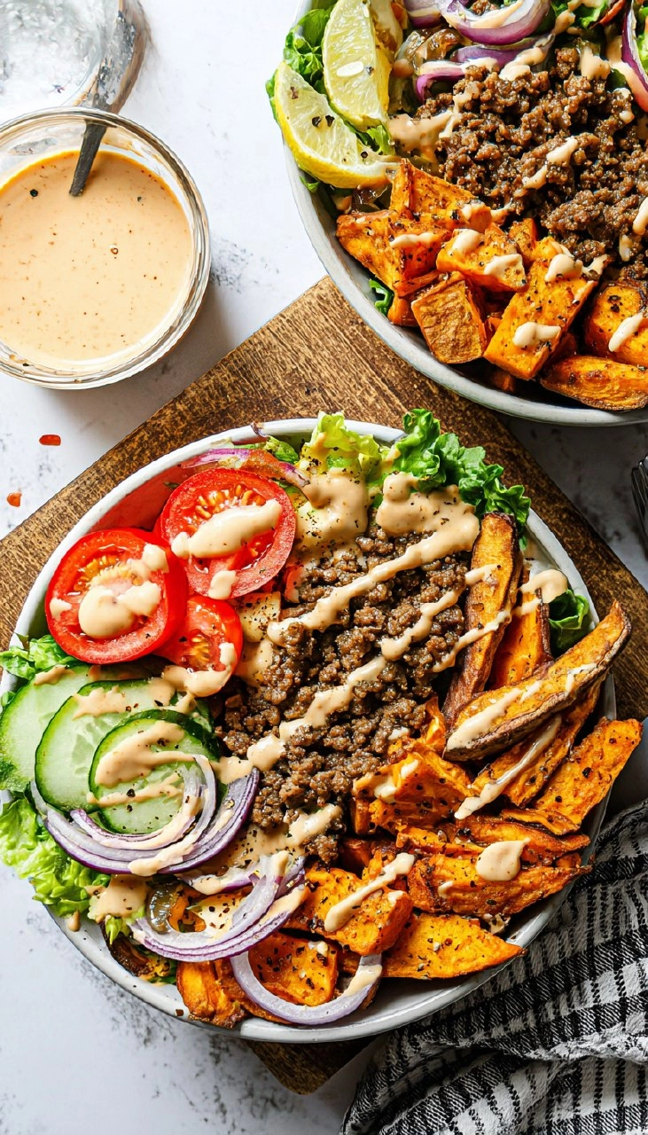 Burger Bowls with Chipotle Ranch Sweet Potato Fries