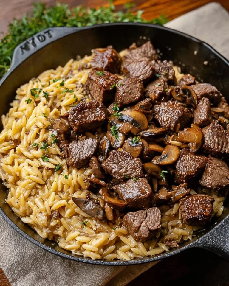 Steak-Bites-with-Creamy-Mushroom-Orzo-Recipe