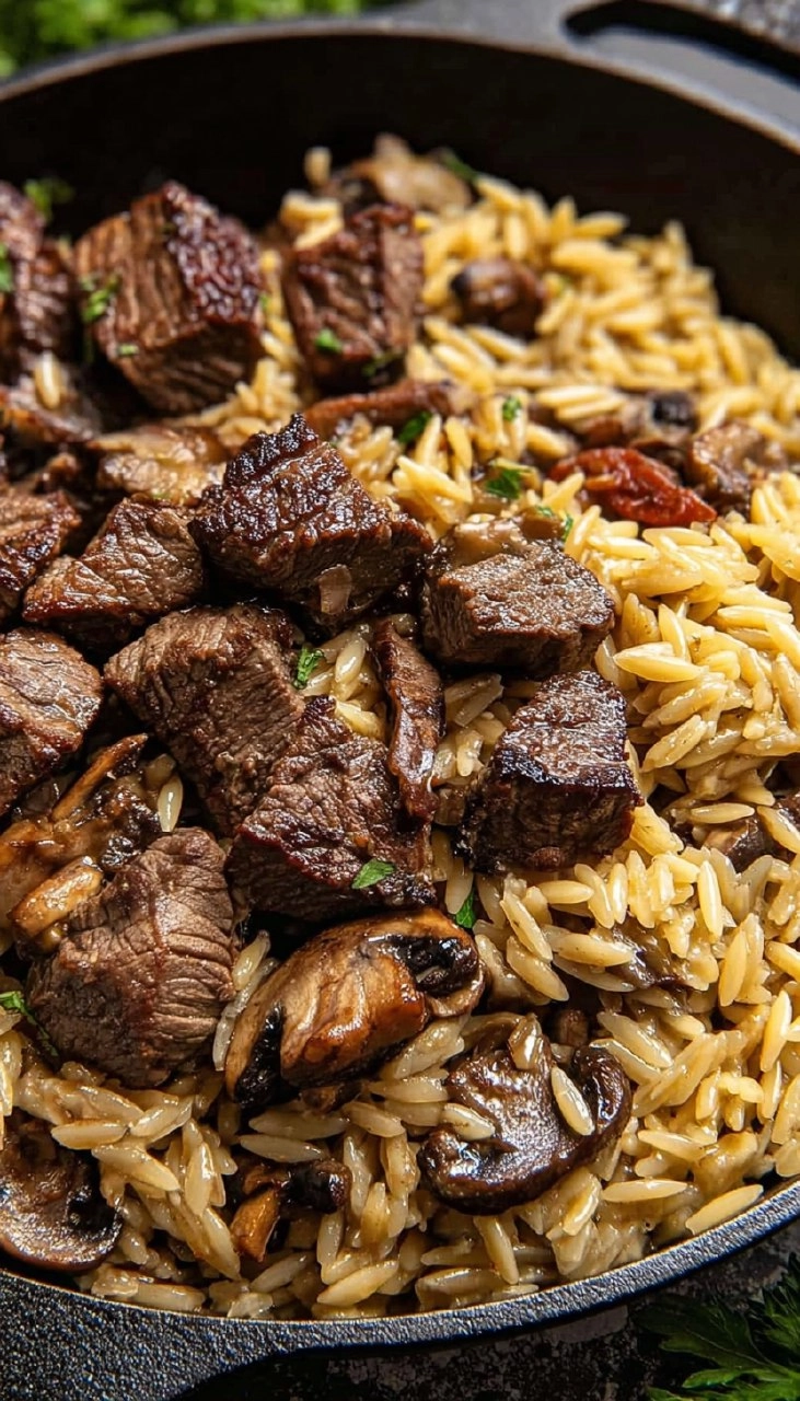 Steak Bites with Creamy Mushroom Orzo