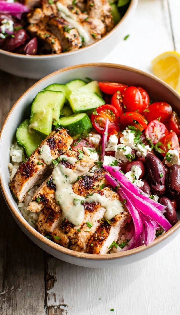 Greek Chicken Bowls with Lemon Garlic Tahini Sauce (Healthy Mediterranean Bowls)