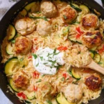 Summer-Squash-Orzo-Skillet-with-Chicken-Meatballs-Recipe