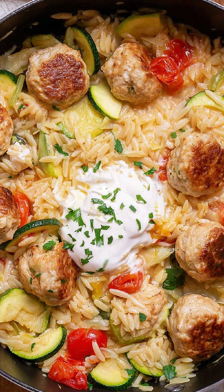 Summer Squash Orzo Skillet with Chicken Meatballs