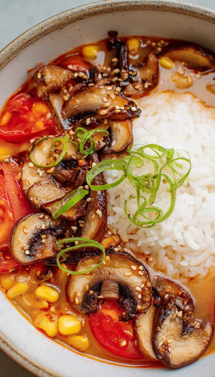 Tomato Miso Soup with Garlic Sesame Mushrooms